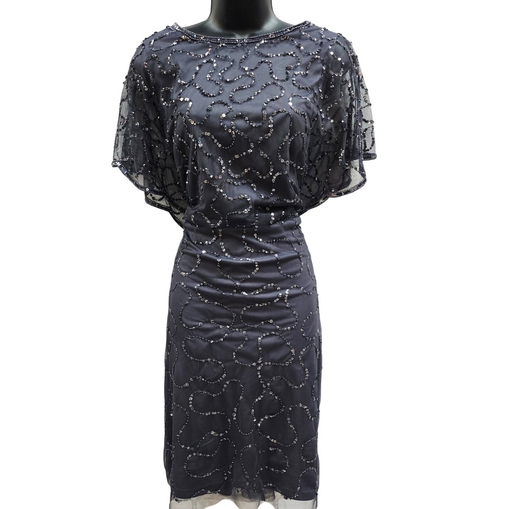 Adrianna Papell Sequin Beaded Navy Gray Cocktail Dress Sheath Evening Gown 16w